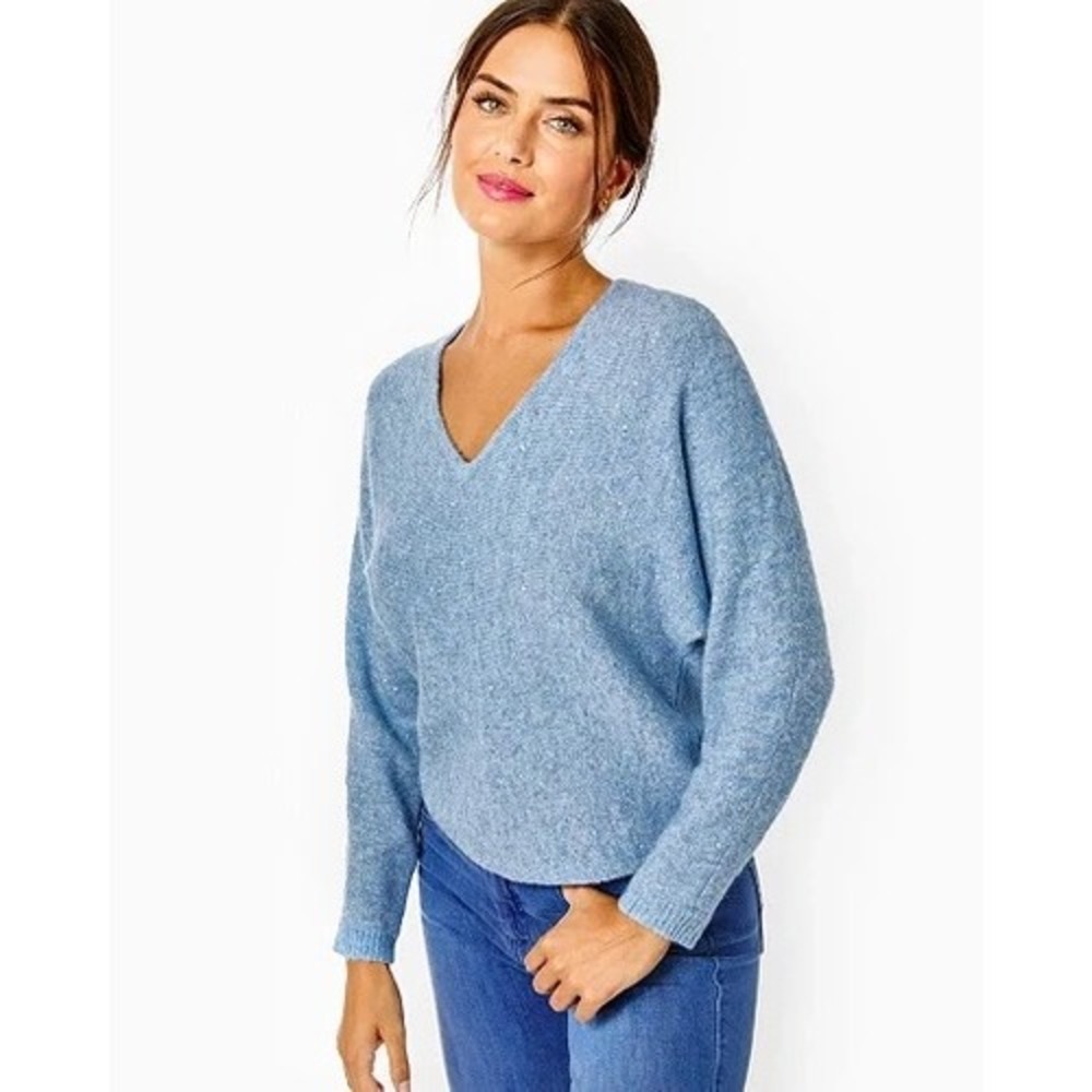 Lilly Pulitzer Savette Sequin Sweater Blue Peri Metallic V-Neck Pullover‎ Small